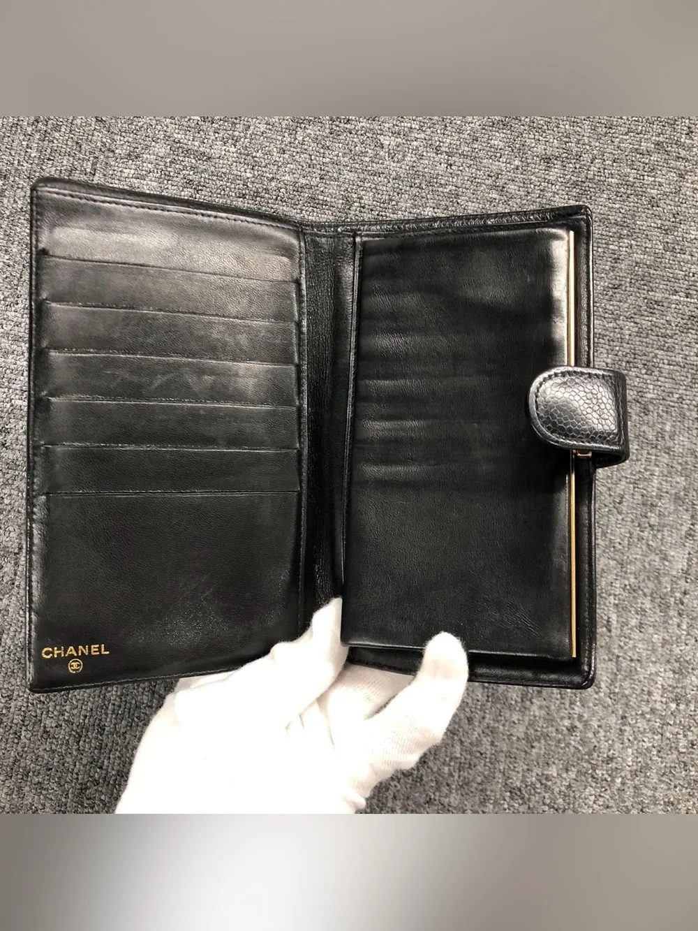 CHANEL Black Caviar Leather Long Wallet with Embossed CC